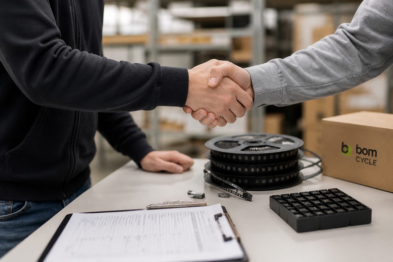 Handshake over electronic components and a BOMcycle shipping carton